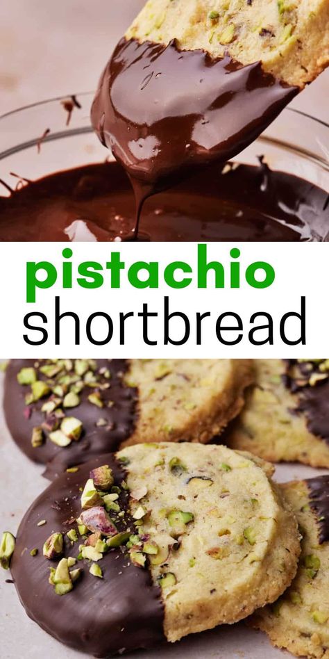 These pistachio shortbread cookies are buttery and crumbly shortbread packed with pistachio nuts and dipped in dark chocolate. They are a super easy cookie recipe with just 3 ingredients - plus the pistachios and chocolate. These slice-and-bake cookies make a great gift for the holidays, as christmas cookies, or just to enjoy as a delicious easy dessert. Scottish shortbread recipe with a fun twist. #shortbread #easycookies #cookierecipes #pistachiodesserts #baking #pistachiocookies #cookies Bulgarian Cookies, Scottish Shortbread Recipe, Pistachio Shortbread Cookies, Pistachio Shortbread, Forgotten Cookies, Scottish Shortbread, Easy Cookie Recipe, Shortbread Cookies Christmas, Pistachio Recipes