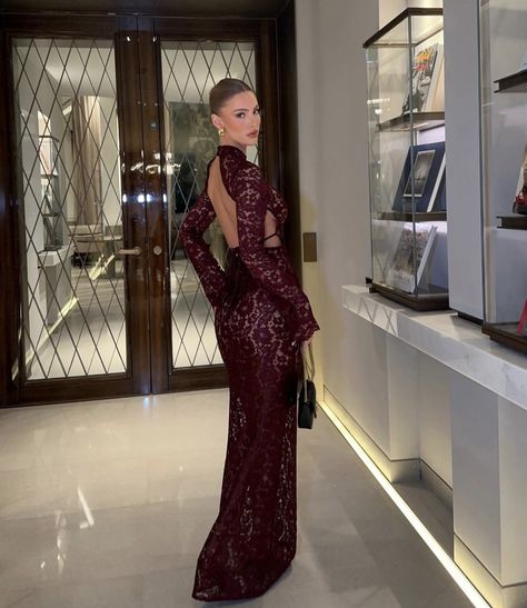 Holiday Gala Outfit, Red Gala Dress Classy, Corporate Party Outfit, Wedding Guest Dress Burgundy, Red Lace Dress Outfit, Red Gala Dresses, Feminine Poses, Burgundy Dress Outfit, Elevated Outfits