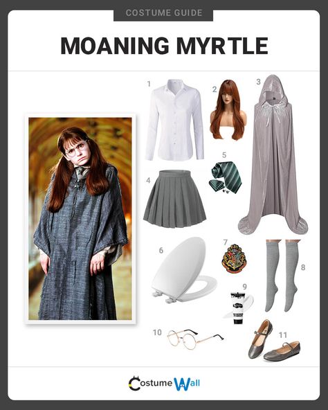 Moaning Myrtle Costume Moaning Myrtle Costume, Dramatic Bathroom, Round Eye Glasses, Costume Wall, Gray Pleated Skirt, Auburn Wig, Moaning Myrtle, Hogwarts Uniform, Got Costumes