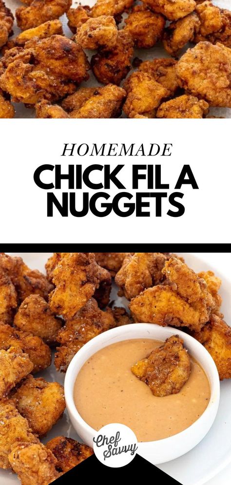 Learn How to Make Homemade Copycat Chick Fil A Nuggets Recipe! Chick Fil A Nuggets are a delicious homemade copycat recipe that are the perfect alternative to going to the drive-thru! Featuring tender chicken breast coated in a flavorful, crispy coating and dipped in your favorite Chick Fil A sauce! Follow Chef Savvy for more chicken Recipes and Christmas Recipes! Healthy Chick Fil A Nuggets, Chick Fil A Nuggets Recipe, Copycat Chick Fil A Nuggets, Barbecue Sauce Chicken, Crispy Chicken Breast, Chick Fil A Nuggets, Chef Savvy, Copycat Chick Fil A, Chick Fil A Sauce