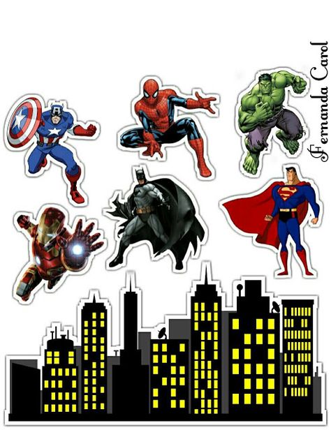 Superheroes Party Free Printable Cake Toppers. Superhero Party Printables, Avengers Cake Topper, Superhero Cake Toppers, Superhero Printables, Superman Birthday Party, 4de Verjaardag, Spiderman Cake Topper, Superheroes Party, Marvel Birthday Party