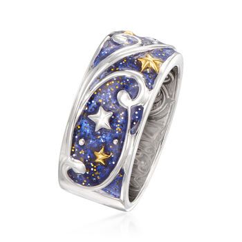 Ross-Simons - Glittery Blue Enamel Celestial Ring in Two-Tone Silver. Size 9. Filled with whimsical imagery, this celestial ring features sterling silver scrollwork and 18kt yellow gold over sterling silver stars atop a glittery blue enamel backdrop resembling the night sky. 3/8" wide. Glittery blue enamel celestial ring. Celestial Ring, Magical Jewelry, All I Ever Wanted, Funky Jewelry, The Night Sky, Fantasy Jewelry, Dream Jewelry, Pretty Jewellery, Blue Rings