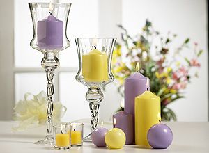 Fresh colors of lavender and buttercup yellow brightens up an candle arrangement whether decorating your home or planning for a wedding. Description from candlesjustonline.com. I searched for this on bing.com/images Square Pillar Candles, Candle Arrangements, Spa Candle, Yellow Candles, Lilac Wedding, Candle Displays, Diy Centerpieces, Lavender Wedding, Yellow Wedding