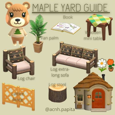 Maple Acnh, Acnh Yard Guide, Acnh Layout, Acnh Yard, Acnh Villagers, Log Chairs, Cottagecore Animal Crossing, Character Info, Acnh Cottagecore