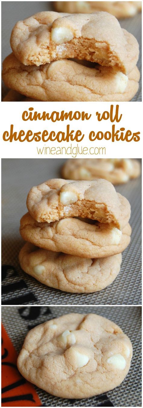 Cinnamon Roll Cheesecake Cookies that taste like they came from a bakery, but they have only a few ingredients and come together super easily! Roll Cheesecake, Cinnamon Roll Cheesecake, Cheesecake Oreo, Cheesecake Cookies, Keto Cheesecake, Yummy Sweets, Tea Cakes, Cinnamon Roll, Few Ingredients