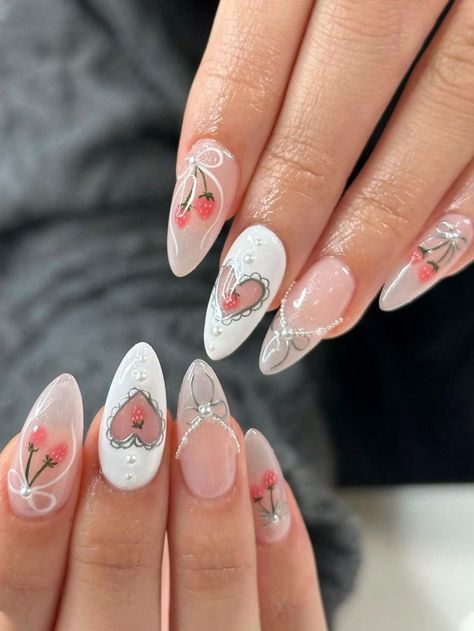 Nails Pink Strawberry, Short N Sweet Nails, Uñas Coquette, Skull Nails, Wow Nails, Pretty Gel Nails, Cute Gel Nails, Soft Nails, Cute Nail Art