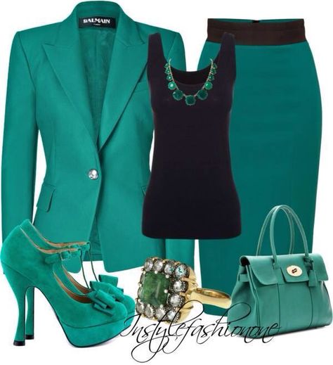 Turquoise Outfit... I would change the shoes and purse Turquoise Clothes, Work Dresses For Women, Stylish Work Attire, Classy Dress Outfits, Classy Casual Outfits, Fall Fashion Outfits, Professional Outfits, Work Fashion, Skirt Outfits