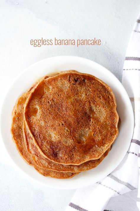 eggless banana pancake recipe with step by step photos – quick, easy and tasty banana pancakes made with over ripe bananas, whole wheat flour and jaggery. #bananapancake #banana #pancake Eggless Banana Pancakes, Over Ripe Bananas, Indian Recipes Vegetarian, Banana Pancake Recipe, Sweet Pancakes, Vegan Banana Pancakes, Yum Breakfast, Veg Recipes Of India, Banana Pancake