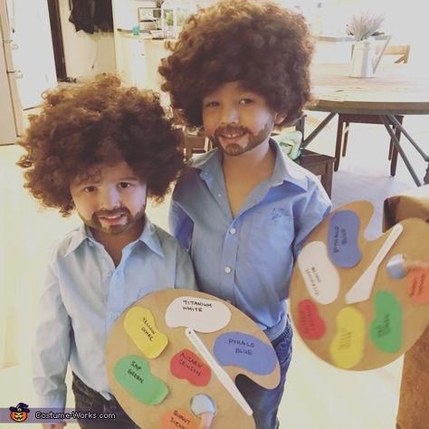 My kids love Bob Ross’s show and are mesmerized by his demeanor and talent. We decided to pay tribute to the one and only. Bob Ross Family Halloween Costume, Diy Bob Ross Costume, Bob Ross Family Costume, Diy Funny Costumes, Funny Boys Halloween Costumes, Bob Ross Halloween Costume, Homemade Costumes For Boys, Halloween Wars, Baby Skunk Costume