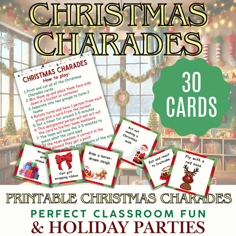 Bring the holiday spirit to your classroom with this engaging Christmas Charades activity, perfect for middle and high school students! 🎅✨ Great for team-building, icebreakers, or just some festive fun before winter break! Ready-to-use, printable, and sure to get everyone laughing and bonding. Check it out on Teachers Pay Teachers! #ChristmasActivities #HolidayClassroomFun #MiddleSchoolELA #HighSchoolFun #TpTTeacher Charades Cards, Christmas Charades, Charades Game, Holiday Classroom, Icebreakers, Seventh Grade, Activity Kits, Brain Breaks, Winter Break