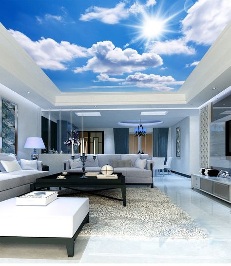 Sunny Blue Sky White Clouds Wallpaper AJ Wallpaper Sky Mural, Cloud Ceiling, Sky Ceiling, Drawing Room Decor, Wallpaper Large, Ceiling Wallpaper, Ceiling Murals, Wallpaper Ceiling, Bedroom Ceiling