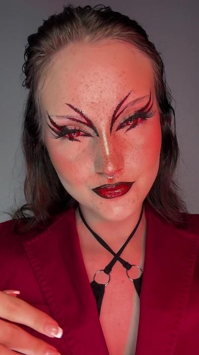 Demon Inspired Makeup, Cute Demon Makeup, Devil Inspired Makeup, Pink Demon Makeup, Demon Eye Makeup, Demon Eyeliner, Rhinestone Blood Makeup, Red And Black Halloween Makeup, Red Contacts Makeup