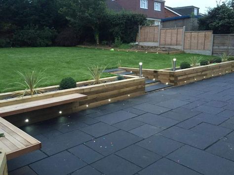 new patio floating bench and garden lights all done by absolute patios Back Garden Landscaping, Low Maintenance Garden Design, Limestone Paving, Back Garden Design, Garden Paving, Sloped Garden, Garden Steps, Patio Garden Design, Paving Slabs