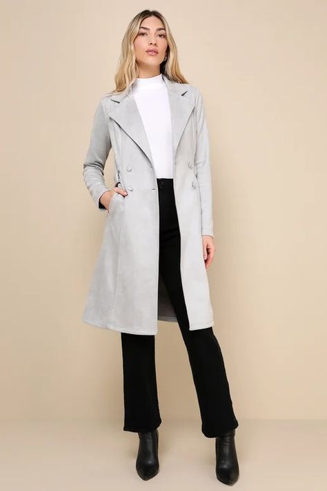 trench coat - Lulus Search Light Grey Trench Coat Outfit, Light Grey Coat Outfit, Grey Trench Coat Outfit, Grey Jacket Outfit, Grey Coat Outfit, Grey Winter Coat, Suede Trench Coat, Jacket Outfit Women, Trench Coat Outfit