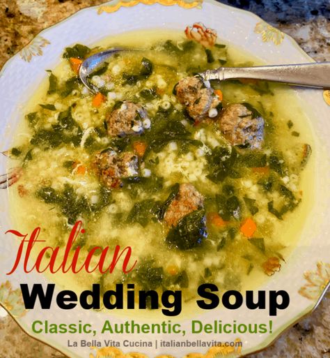 Classic Italian Wedding Soup -- The BEST AUTHENTIC RECIPE made in the INSTANT POT!  Oh so incredibly DELICIOUS!  You'll LOVE this old family recipe!  #italianweddingsoup #instantpotrecipe #italiansoup #weddingsoup #italian #classicitalian #authenticitalian Best Italian Wedding Soup Recipe, Italian Wedding Soup Authentic, Soup Wedding, Beef And Pork Meatballs, Italian Wedding Soup Recipe, Homemade Soups, Tasty Meatballs, Recipes Authentic, Wedding Soup