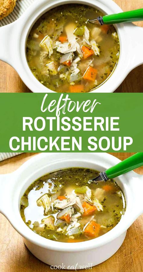 Easy chicken soup recipe made with leftover rotisserie chicken. Here's a super-fast chicken soup recipe. What makes it so quick is using pre-cooked chicken and a few other shortcuts. You can make this soup with a rotisserie chicken—or leftover chicken you've roasted in the oven or cooked in the crockpot. A great quick alternative to slow cooked chicken soup. Gluten free, dairy free, paleo. Leftover Rotisserie Chicken Soup, Chicken Soup Healthy, Easy Chicken Soup Recipe, Leftover Chicken Soup, Roast Chicken Soup, Paleo Chicken Soup, Rotisserie Chicken Recipes Leftover, Rotisserie Chicken Soup, Chicken Broth Soup