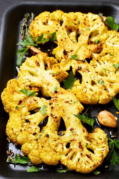 Oven Roasted Cauliflower Steak with Parmesan Recipe Sides For Fried Fish, Baked Cauliflower Steaks, Cauliflower Steaks Roasted, Fried Fish Dinner, Best Roasted Cauliflower, Buffalo Cauliflower Recipes, Steak And Chips, Best Sides, Cauliflower Steak