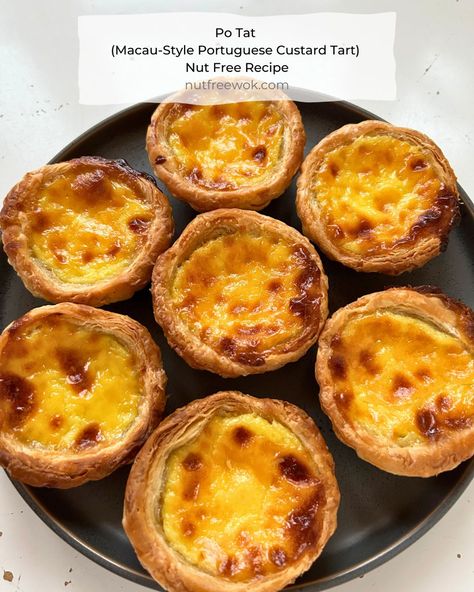 Plate of egg custard tarts Portuguese Egg Tart Recipe, Egg Tart Recipe, Chinese Bakery, Portuguese Egg Tart, Wok Recipes, Custard Tarts, Portuguese Desserts, Puff Pastry Tart, Nut Free Recipes