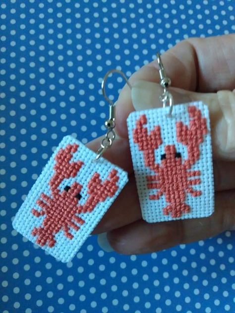 Lobster Cross Stitch Pattern, Cross Stitch Lobster, Lobster Pixel Art, Cross Stitch Earrings Patterns, Cross Stitch Earrings, Lover Earrings, Chill Style, Stitch Earrings, Art Bracelet