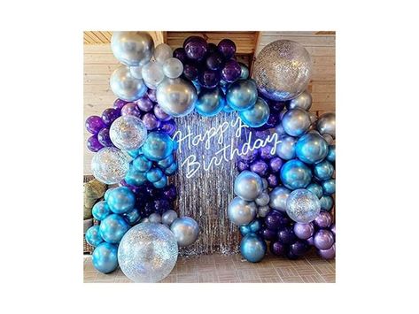 Blue And Purple Party Theme, Balloons Purple, Purple Balloon, 25 Birthday, Blue Party Decorations, Pearl Purple, 25th Birthday Parties, Baby Shower Christmas, Silver Confetti