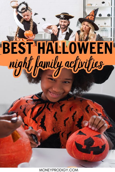 Halloween night family activities - most are not spooky and just fun (and a few spookier ones in case you have older kids!). Family fun night for Halloween everyone will love. Family Friendly Halloween Activities, Halloween Crafts For The Family, Indoor Family Fun Night Ideas, Halloween Family Game Night, Spooky Family Night, Family Halloween Activities At Home, Halloween Family Night Activities, Halloween Night With Kids, Family Halloween Night Ideas