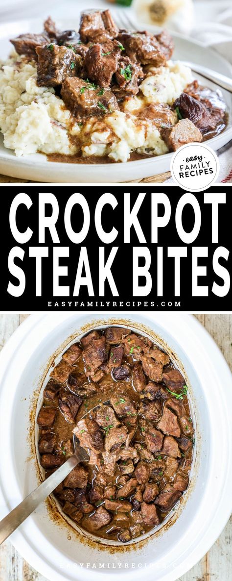 Whip this up for dinner tonight and see why it’s one of my family’s FAVORITE steak recipes! You’ve never had steak bites so tender and flavorful—and the crockpot does all the work! Just add the ingredients to your slow cooker, turn it on, and in a few hours you’ll have juicy steak bites and delicious au jus for spooning over mashed potatoes or sopping up with a crusty piece of bread. You’re going to love this easy, kid-friendly slow cooker meal! Crock Pot Steak Bites, Crockpot Steak Bites, Crock Pot Steak, Crockpot Steak Recipes, Crockpot Steak, Slow Cooker Steak, Steak Bites Recipe, Au Jus Gravy, Slow Cooker Dinner