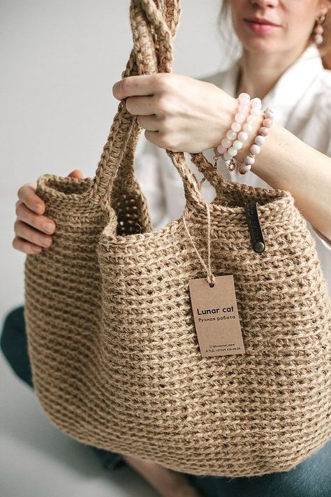 LunarCat | Pinkoi |  Designer Brands #CrochetJuteBag #CrochetJuteBagTutorial #CrochetJuteBagDIY #CrochetJuteBagHandmade Crochet Market, Bead Crochet Patterns, Womens Crochet Patterns, Gift Wrap Tags, Crochet Market Bag, Free Tote, Rope Bag, Crochet Tote Bag, Packaging Gift