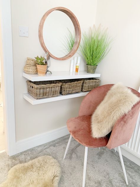 Easy diy dressing table with floating shelves and Ikea baskets warm neutrals, dulux natural hessian Ikea Baskets, Shelf Dressing Table, Floating Dressing Table, Diy Dressing Tables, Shelf Dressing, Dressing Table Ideas, Pallet Deck Diy, Diy Dressing, Small Dressing Table