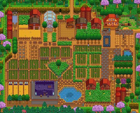 Kingdom Farm Hill Top Farm, Stardew Farms, Stardew Valley Layout, Stardew Valley Tips, Stardew Valley Farms, Green House Design, Top Farm, Frozen Pond, Bangunan Minecraft