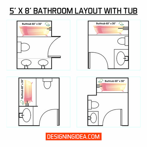 5' x 8' Bathroom Layout with Tub 5x8 Bathroom Layout, Remodel Entryway, Bathroom Layout Ideas, Bathroom Layout Plans, Interior Farmhouse, Diy Bathroom Design, Small Bathroom Layout, Bathroom Layouts, Bathroom Design Layout