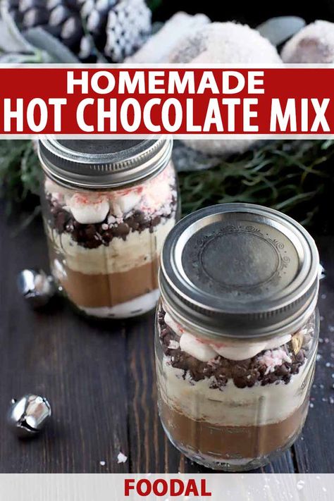 Gift your loved ones with a mugful of happiness and make our hot chocolate mix in a jar. The layered ingredients create a gorgeous present that's easy to make for all your friends and family, and you can customize the add-ins to feature your favorite flavors. Get the recipe now! #hotchocolate #homemadegiftideas #foodal Diy Hot Chocolate Mix Recipes In A Jar, Hot Chocolate Mason Jar Recipe, Hot Chocolate Mix Recipes Dry, Hot Chocolate In A Jar Recipe, Layered Recipes, Diy Hot Chocolate Mix, Hot Chocolate In A Jar, Mason Jar Recipe, Hot Cocoa Mix Recipe