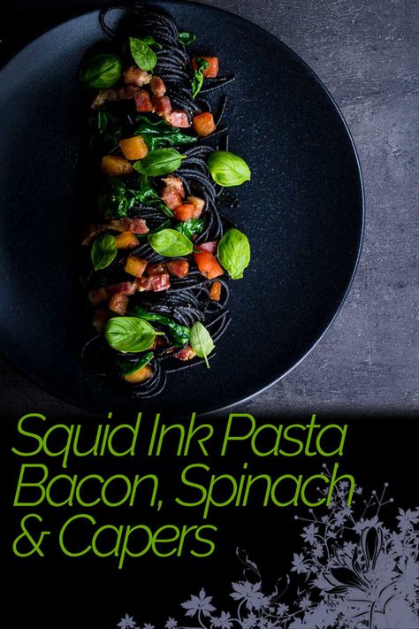 Black Ink Pasta, Pasta With Capers, Simple Pasta Dishes, Squid Ink Spaghetti, Wheat Pasta Recipes, Colorful Pasta, Spooky Soiree, Pasta Bacon, Halloween Feast