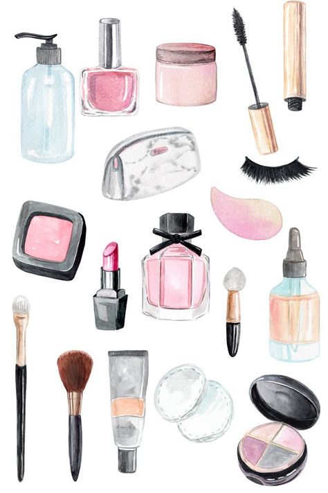 Makeup Watercolor, Makeup Clipart, Cream Nail, Cream Bottle, Makeup Illustration, Lipstick Blush, Makeup Stickers, Alat Makeup, Makeup Drawing