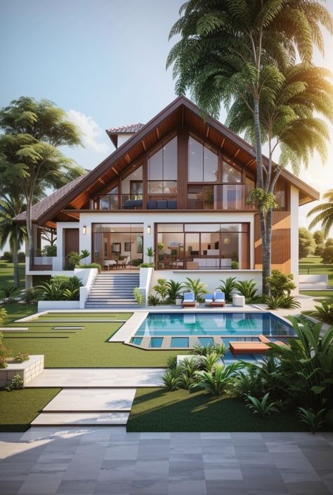 Bungalow Bungalow House Design With Pool, Two Story House With Pool, Bungalow Extension Plans, Layout Villa, Swimming Pool Plan, Bungalow Extensions, Building Design Plan, Cottage Modern, Bungalow Design