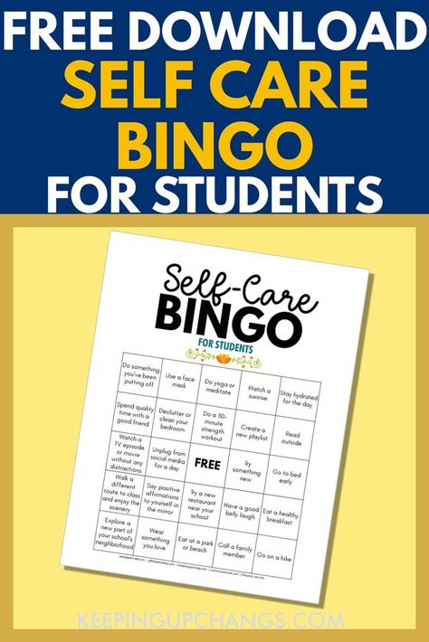 Free SELF CARE BINGO CHALLENGE FOR STUDENTS printable. Encourage positity and mental health and wellness by giving yourself the tender loving care and attention you deserve. Easy to DIY instant digital download. Great way to reset when feeling the onset of burnout from juggling school, home, work, and your social life. For middle school, high school, college. Student Self Care, Self Care Bingo, Bingo Challenge, High School Health, School Wellness, Middle School Lesson Plans, Mental Health Activities, High School Activities, Health Class