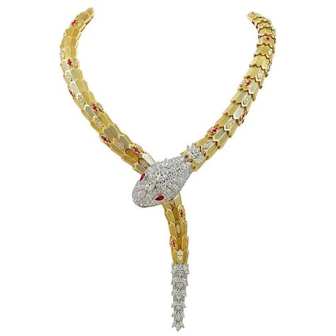 Bulgari Diamond and Ruby Serpenti Gold Necklace | From a unique collection of vintage Drop Necklaces at https://www.1stdibs.com/jewelry/necklaces/drop-necklaces/. Bulgari Serpenti Necklace, Bulgari Serpenti, Bvlgari Necklace, Bulgari Jewelry, Bvlgari Jewelry, Pearl Drop Necklace, Pearl And Diamond Necklace, Snake Jewelry, Crystal Bangle