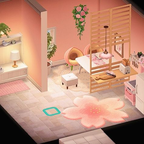 Acnh Pink Interior, Animal Crossing Room Ideas Pink, Animal Crossing Room Ideas Kitchen, Animal Crossing House Interior Ideas Pink, Animal Crossing Pink Interior, Acnh Sanrio Room, Acnh Pink House Exterior, Animal Crossing Bedroom Ideas Pink, Acnh Bed Design