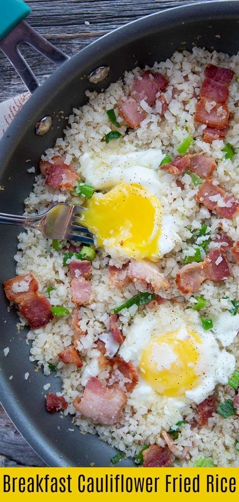 Up your vegetable intake first thing in the morning with this fast & delicious Keto/Low Carb Bacon and Egg Breakfast Cauliflower Fried Rice Recipe! #keto #lowcarb #breakfast #cauliflower #healthy #eggs #brunch #ricedcauliflower #cauliflowerfriedrice Breakfast Cauliflower, Bacon And Egg Breakfast, Cauliflower Fried Rice Recipes, Bacon Eggs Breakfast, Cauliflower Fried, Breakfast Goodies, Keto Diet Breakfast, Cauliflower Fried Rice, Diet Breakfast Recipes