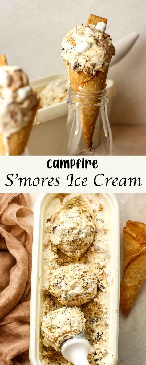 Homemade S'mores Ice Cream is a decadent frozen dessert elevated with chunks of hand-crushed graham crackers, velvety melted dark chocolate, and toasted mini marshmallows. This beloved campfire treat comes straight from my kitchen to yours! S’mores Ingredients, Easy Frozen Smores, Kitchenaid Ice Cream Recipes, Half Baked Harvest Smores Ice Cream, Smores Ice Cream Recipe, S’mores Ice Cream Dessert, S’mores Ice Cream, Homemade S’mores Blizzard, Homemade Ice Cream Bars