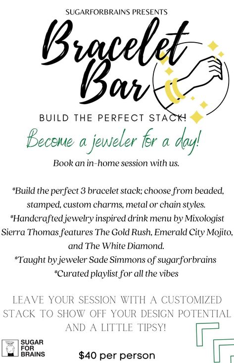 Bracelet Bar — sugarforbrains Build Your Own Bracelet Bar, Diy Bars, Bracelet Bar, Diy Bar, Custom Charms, Emerald City, Drink Menu, Bar Bracelets, Build Your Own