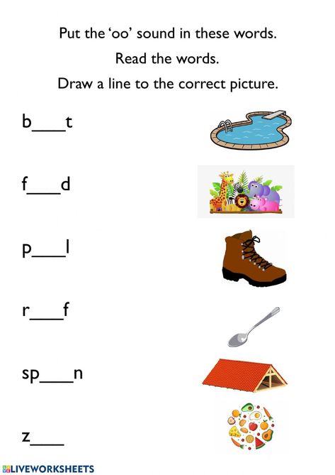 Phonics online worksheet for Grade 1. You can do the exercises online or download the worksheet as pdf. Oo Worksheets Free Printable, Long Oo Sound Worksheet, Oo Sound Worksheets, Oo Phonics Worksheets, Oo Words Phonics Worksheets, Short Oo Sound Worksheets, Oo Sound, Oo Words, Preschool Counting Worksheets