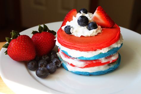 Red, White and Blue Pancakes Fourth Of July Pancakes, 4th Of July Pancakes, Patriotic Breakfast, 4th Of July Breakfast, Blue Pancakes, Blue Pancake, Patriotic Recipes, Act Normal, Fourth Of July Cakes