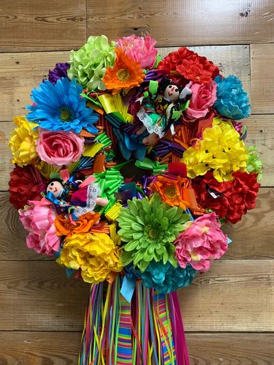 Fiesta Wreaths - Bonnie Harms Designs Fiesta Themed Party, Fiesta Wreath, Mexican Paper Flowers, Paper Flower Crown, Paper Flower Wreaths, Mexican Fiesta Party, Mexican Doll, Feather Wreath, Fiesta Theme Party