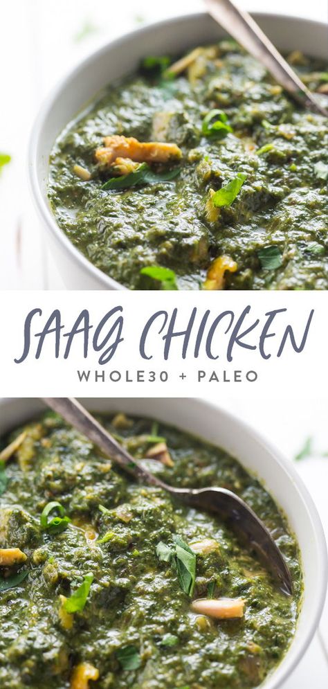 This Whole30 Indian saag chicken is a paleo, Whole30-compliant take on the Indian favorite, saag paneer. Super rich and satisfying, this Whole30 Indian saag chicken absolutely rivals takeout! Such a great Whole30 Indian recipe or paleo Indian recipe, you'll never miss the paneer. #whole30 #whole30recipes #indianfood #indian #indianrecipes #paleo #paleorecipes Paleo Indian Recipes, Saag Chicken, Chicken Saag, Clean Eating Vegetarian Recipes, Paleo Indians, Saag Paneer, Clean Eating Vegetarian, Whole30 Chicken, Indian Recipe