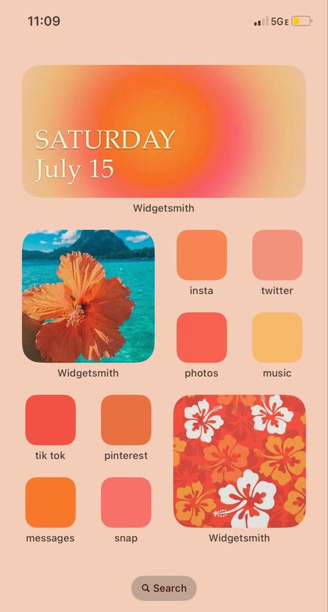 Pics For Widgets Medium, Pink Orange Tropical Aesthetic, Orange Tropical Wallpaper, Phone Backgrounds Home Screen, Summer Theme Aesthetic, Orange Summer Widgets, Orange Home Screen Ideas, Iphone Summer Theme, Summer Theme Home Screen