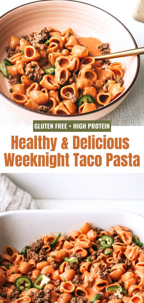 A staple weeknight dinner. This healthy taco pasta is simple, delicious, high in protein, and full of flavor! Low Calorie High Protein Pasta Recipes, High Protein Taco Pasta, Easy Protein Dinner Recipes, Healthy Taco Pasta, Protein Pasta Recipes, Protein Pasta Salad, Low Cal Dinner, Protein Dinners, Pasta Calories