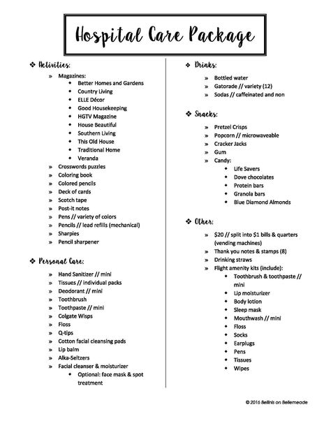 7.15.16 - DIY - Hospital Care Package - List                                                                                                                                                     More Hospital Goodie Bag Care Packages, Long Hospital Stay Care Package, Surgery Care Package For Him, Acl Surgery Care Package, Historectomy Care Package, Welcome Home From Hospital Ideas, Hospital Care Package Ideas For Women, Hospital Stay Care Package, Gifts For Hospital Patients