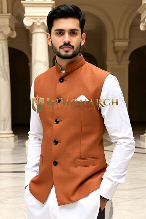 Shop Copper Mens Nehru Waistcoat - InMonarch Nehru Waistcoat, Chinese Brocade, Mens Waistcoat, Collar Vest, Chinese Collar, Nehru Jackets, Copper Color, Mandarin Collar, Cruises