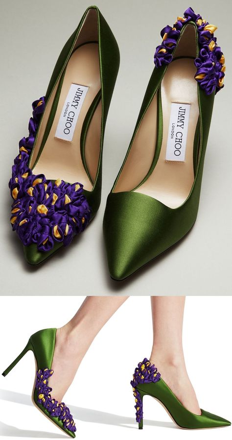 Crafted from rich green satin, opulent purple petals representing the bloom of a wisteria plant are stitched individually by hand before being embroidered in two separate branches - one on the front and side of right foot and the other on the back and heel of the left foot. This style is exclusively available online and takes inspiration from a childhood spent watching seemingly unstoppable wisteria grow graciously during spring. Green Heels Outfit, Heels Jimmy Choo, Women Shoes Heels, Wisteria Plant, Purple Wedding Shoes, Purple Petals, Purple Accessories, Next Shoes, Purple Heels