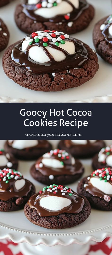 Love gooey cookies? These hot cocoa cookies are soft, loaded with chocolate, and topped with melty marshmallows and sprinkles – a holiday must-have! Hot Cocoa Cookies Recipe, Cocoa Cookies Recipe, Hot Chocolate Cookies Recipe, Hot Chocolate Cookie Recipes, Ms Recipes, Hot Cocoa Cookies, Gooey Cookies, Hot Chocolate Cookies, Cocoa Cookies